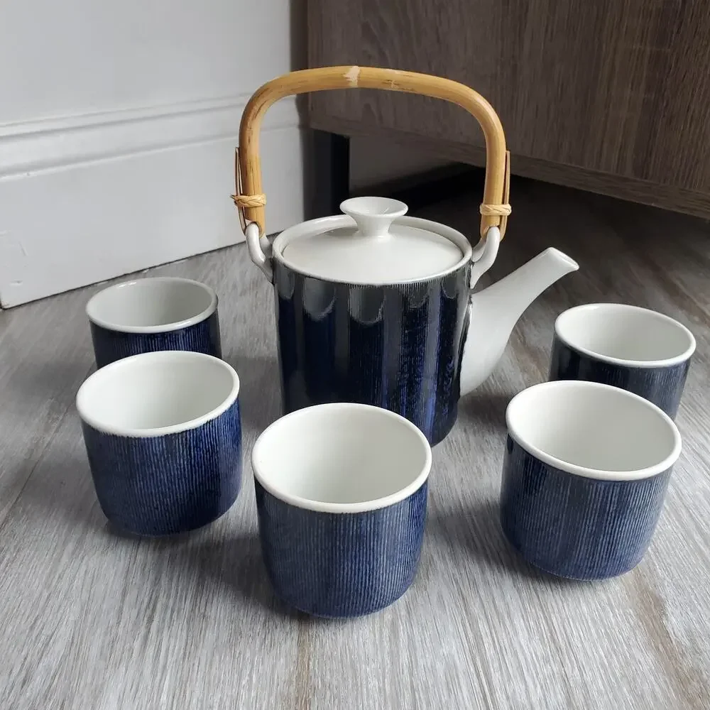 Vintage Japanese 6 Piece Tea Set Ceramic Blue and White Teapot and Cups
